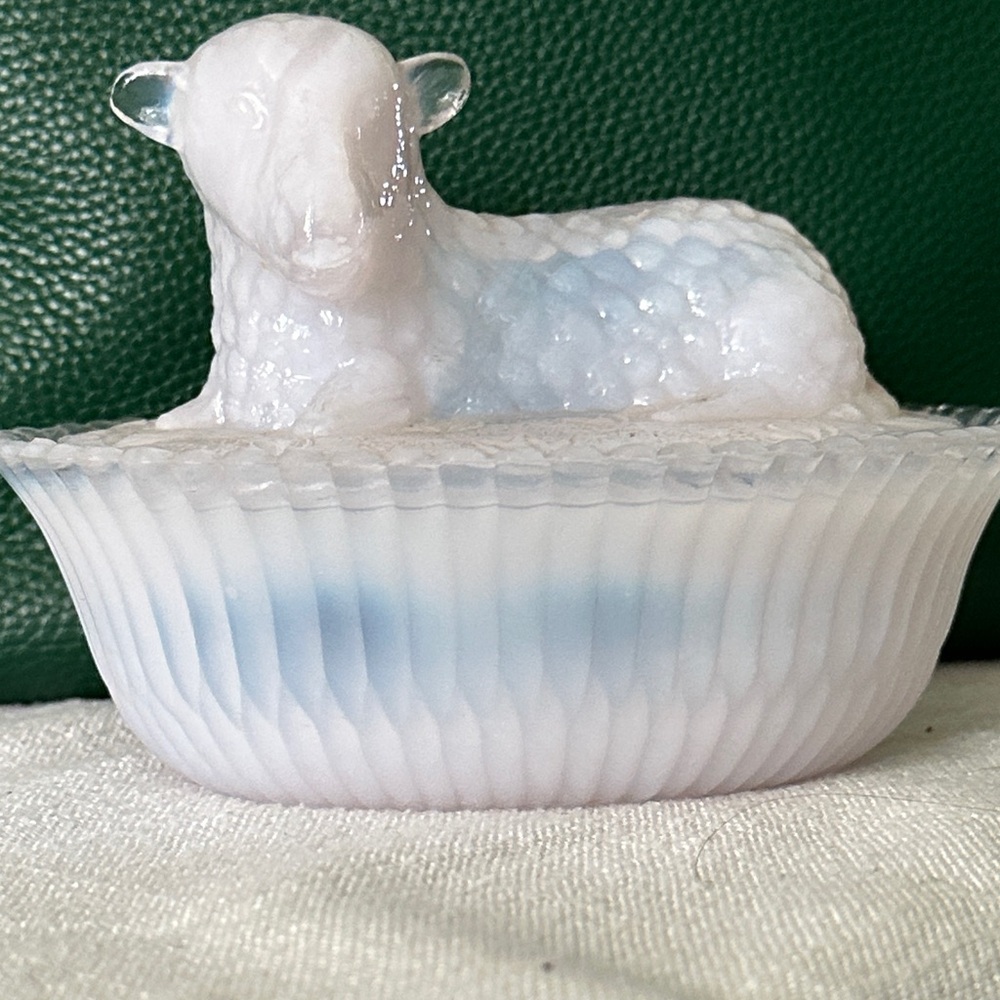 Opalescent White and Pale Blue Lamb Covered Dish - Decorative Home Accent